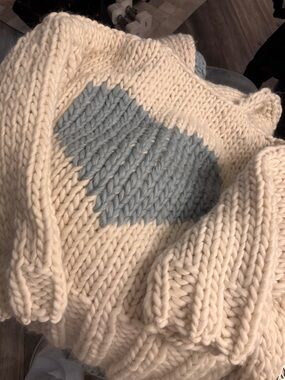 Chunky Cream Love Heart Hoodie Sweater with Blue Heart Detail~Boyfriend Sweater